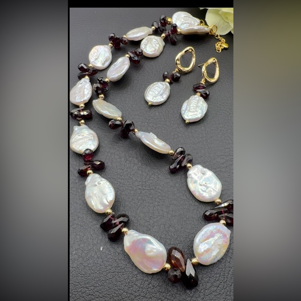 Lustrous Pearl and Garnet Necklace by [Brand]